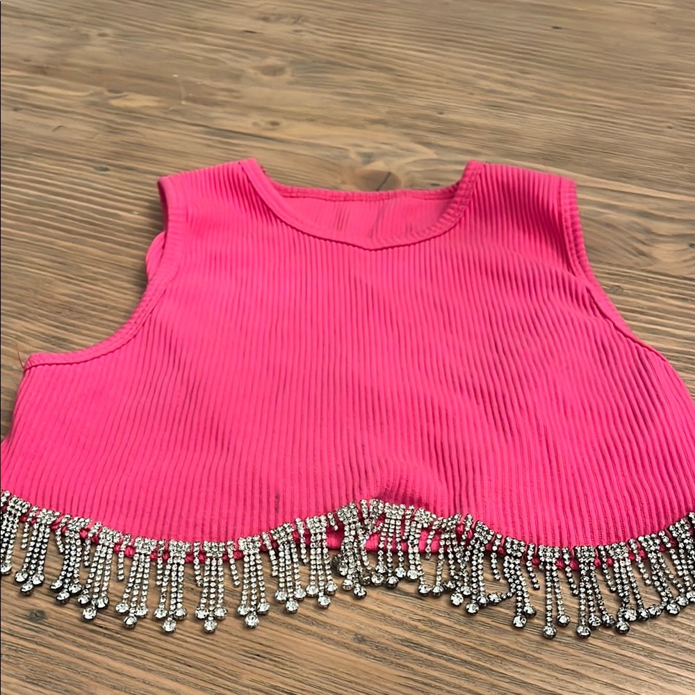 Amazon Pink Tank Top with Silver Beaded Fringe